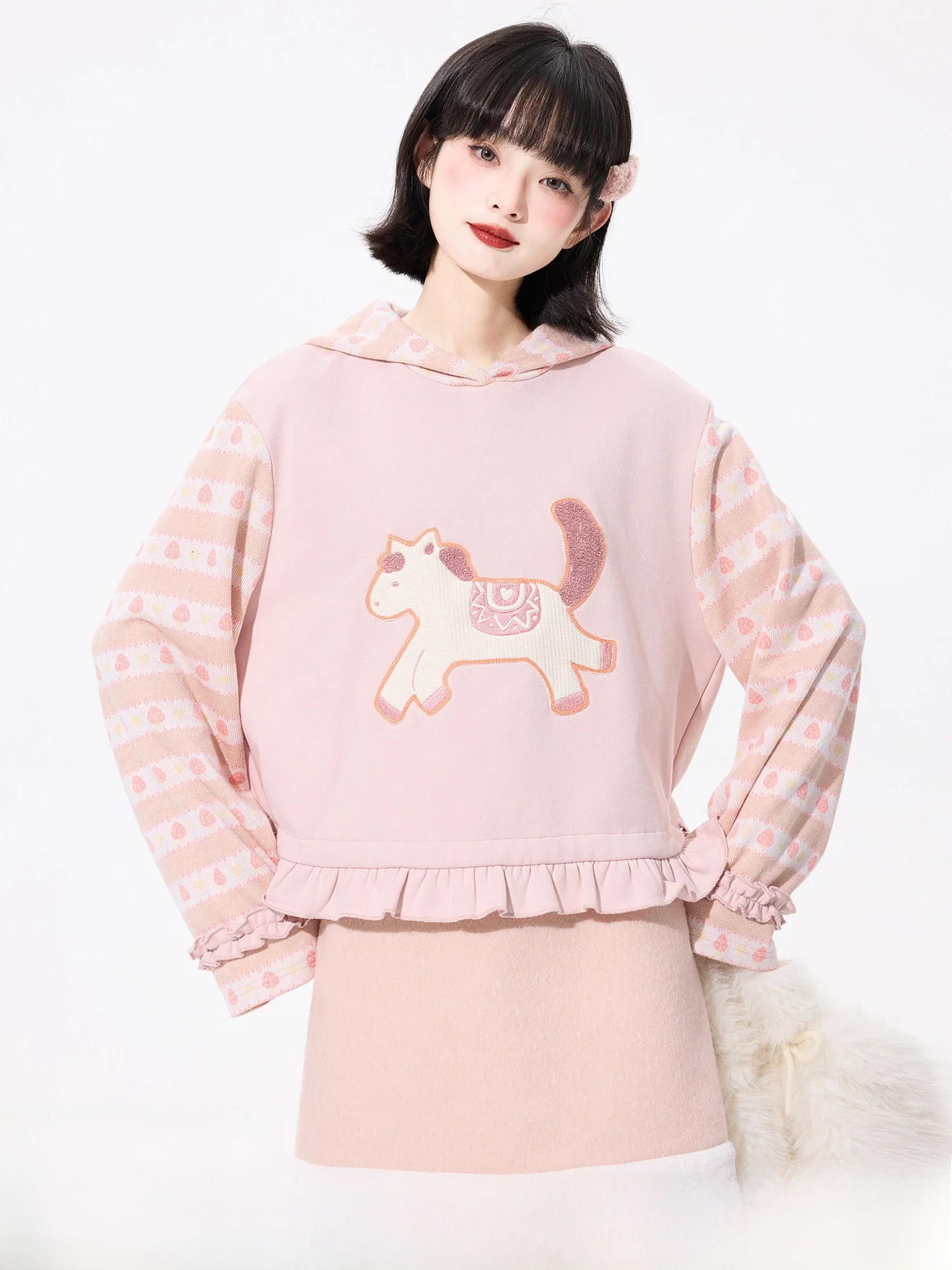 

Pink Embroidered Fleece Lined Thickened Short Hoodie Women's Knitted Patchwork Sweatshirt Cong Tailor Soft Chestnut Cute