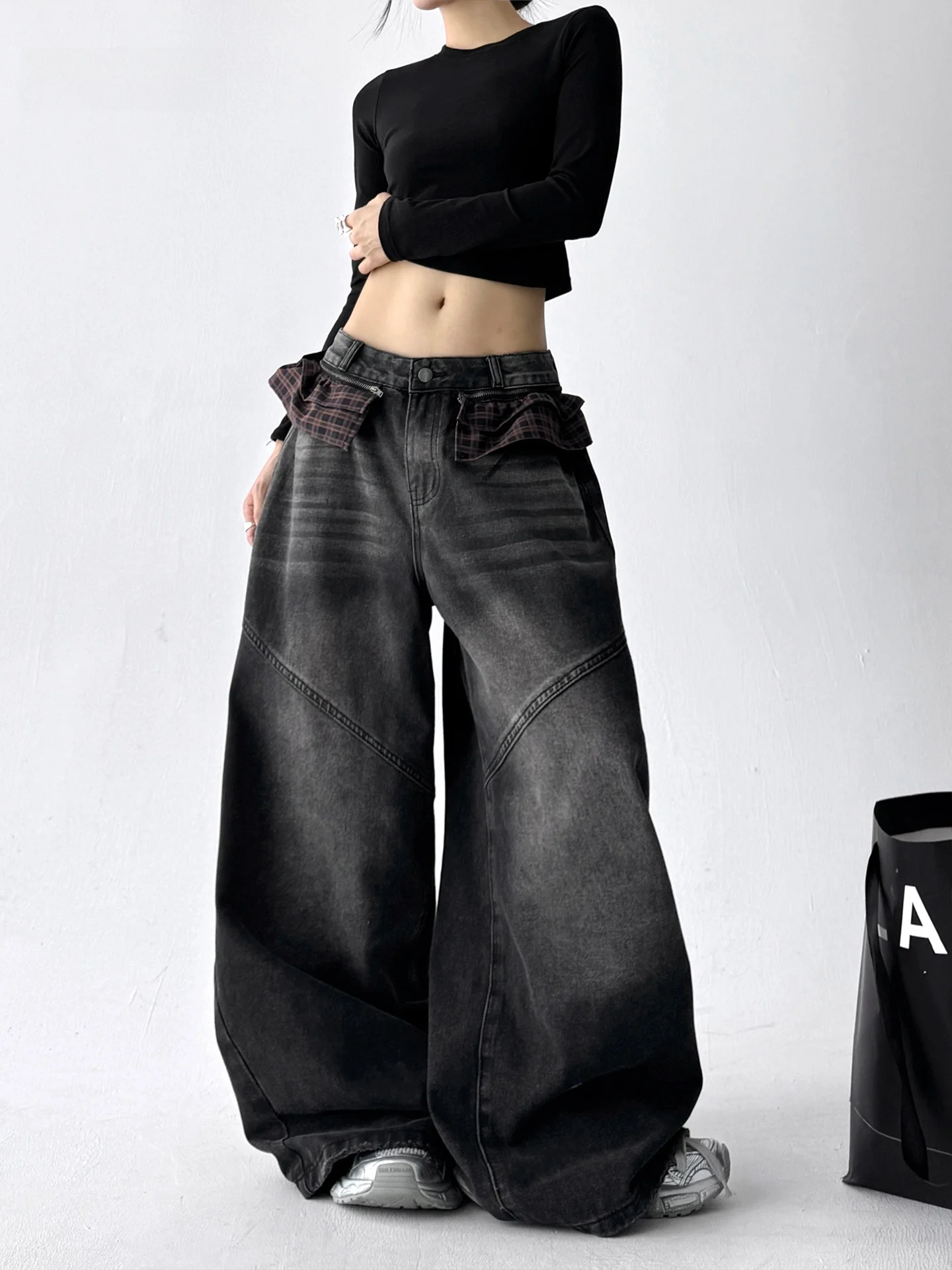 Retro American Plaid Curtain Distred ape Bla Knife Denim Pants Women Loose Wide Leg Pants High Waist Cotton Blend