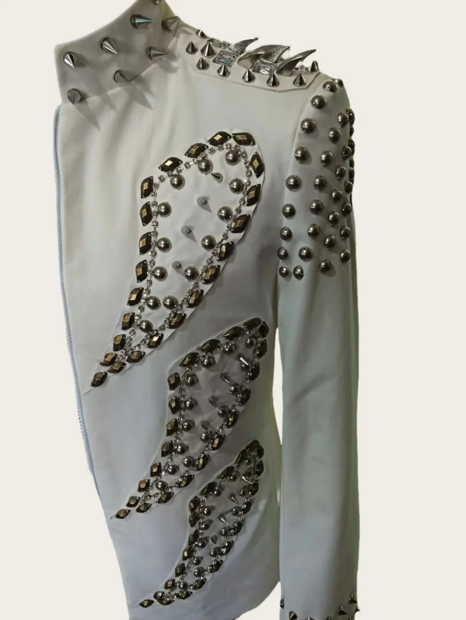 Handmade Men's White Rivets Slim Suit Jacket Party Concert Host Dress Wear Nightclub DJ Singer Dancer Stage Dance Costume