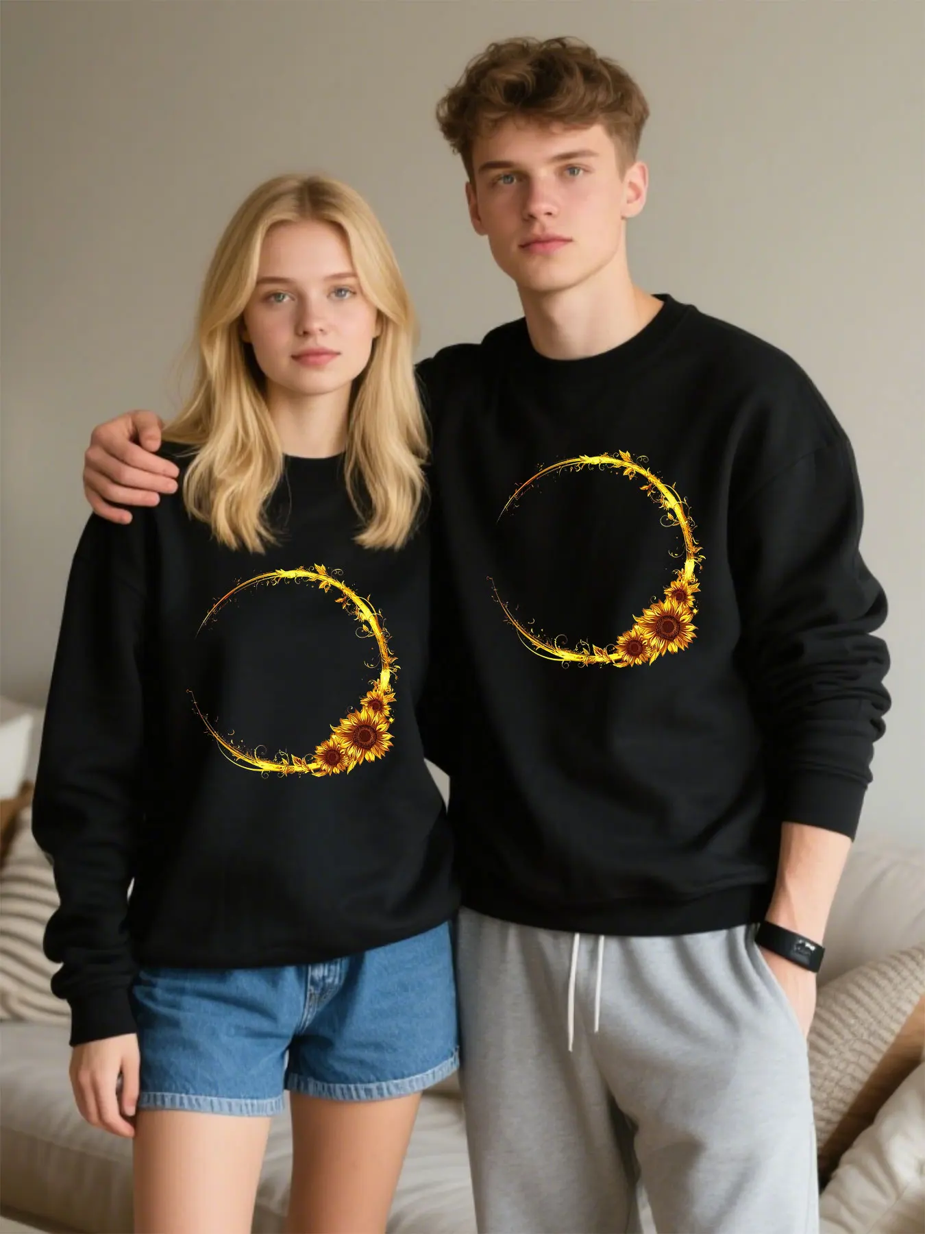 Soft Cotton Unisex Crewneck Sweatshirt With Golden Sunflower Ring Pattern Versatile Classic Casual Christmas Gift​