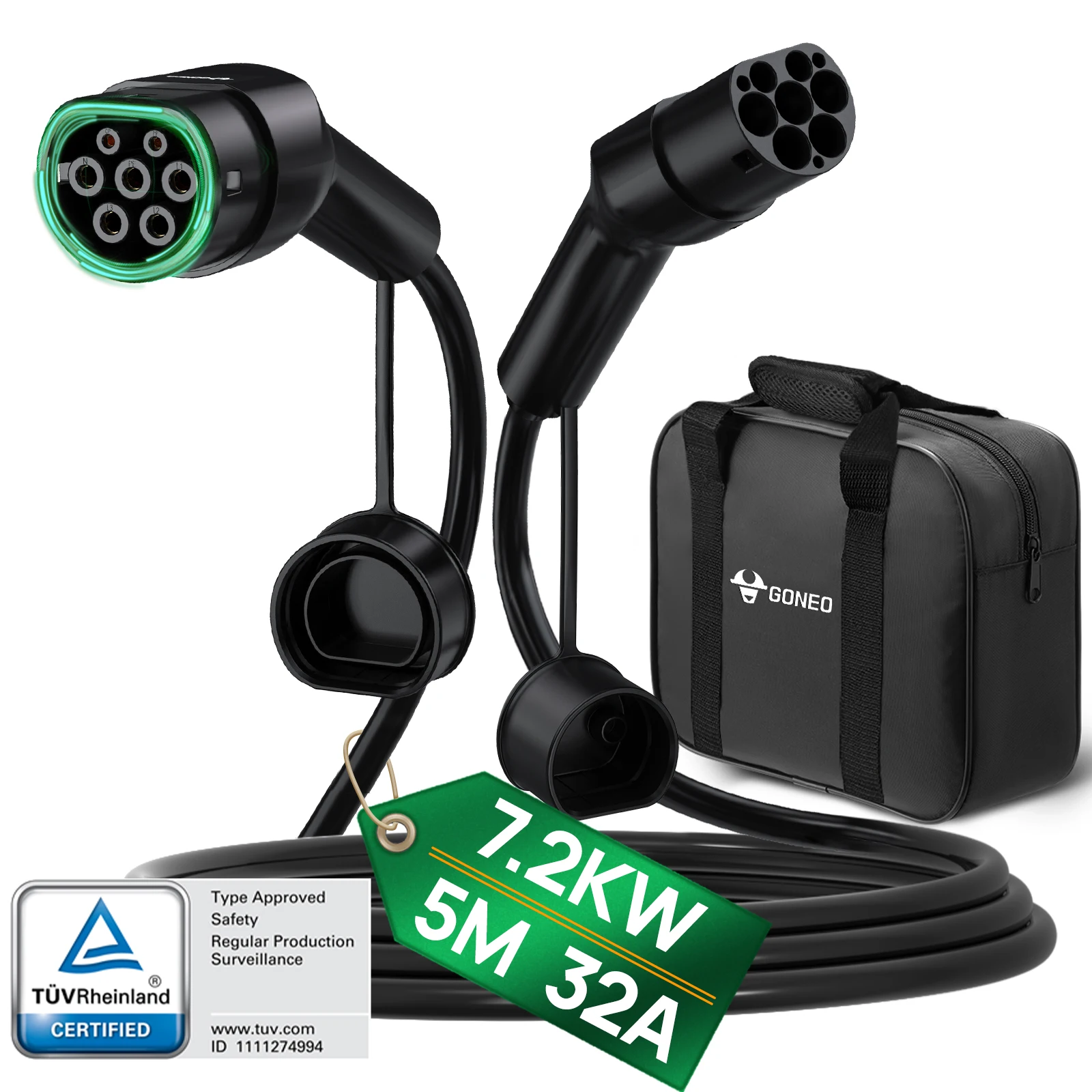 GONEO EV-oplaadkabel voor elektrische auto, type 2, CSS 2, 22KW 5 meter 3-fase, voor elektrische EV/PHEV hybride auto IP54 waterdicht