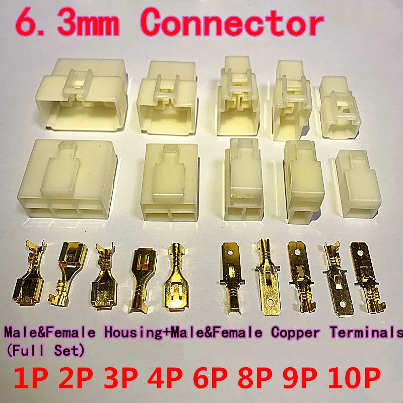 5sets 10 SETS 6.3mm Connector 1P/2P/4P-10P High Current Male Female Butt Plug, Wire Terminal for EV & Motorcycle