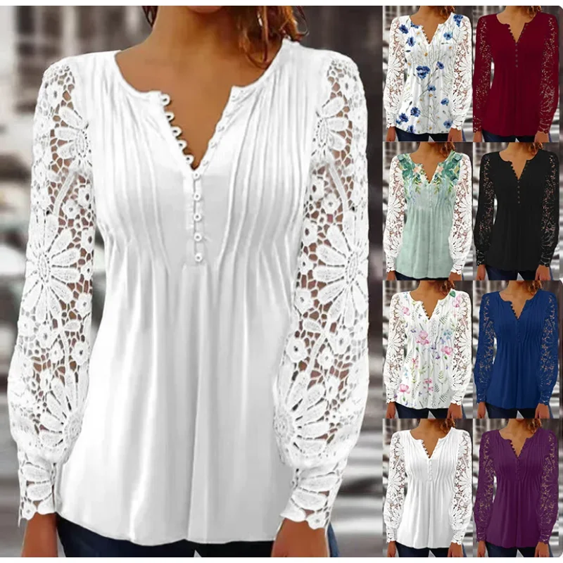 Spring and Autumn Women's Top Lace Long Sleeve Pleated Solid Colour Casual Loose Button Ladies T-shirt Bottoming Shirt Commute