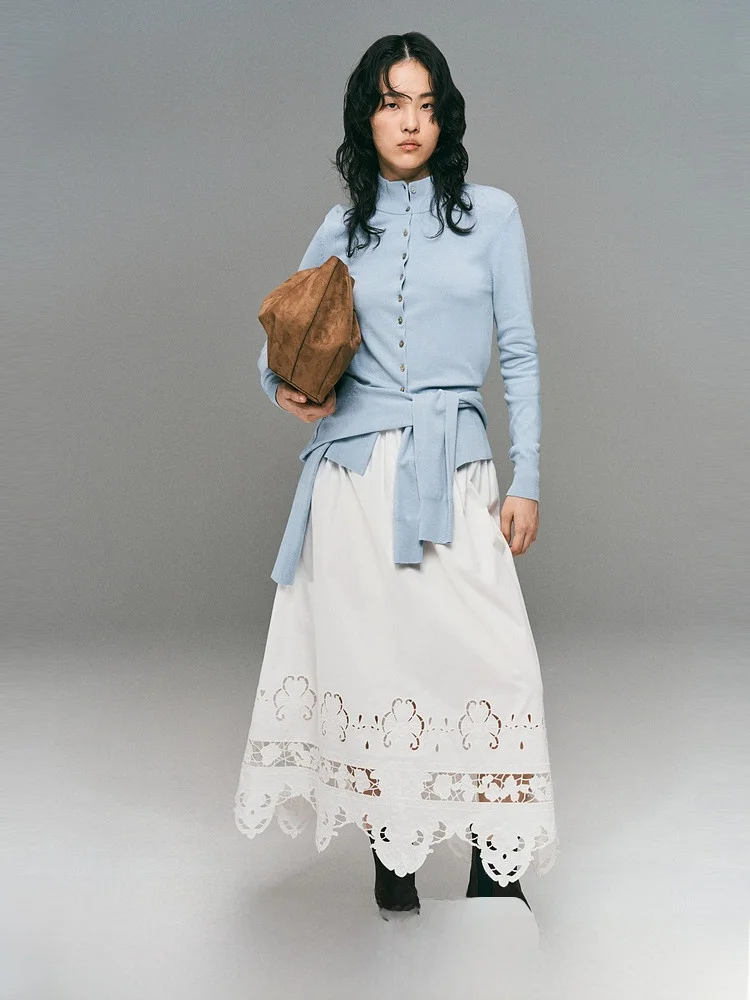 

H&M Women's Casual Cotton Embroidered Skirt Faionable Spring Leisure Versatile Hollow out Design Stand Fit mid Waist