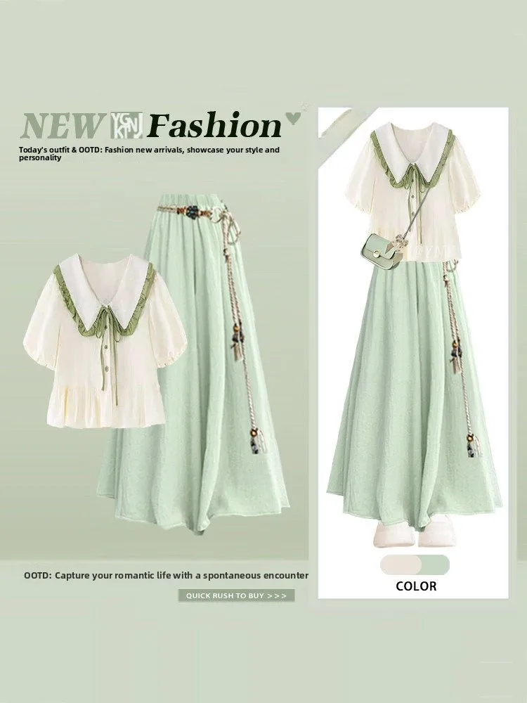 Summer  Sweet Style Women's Clothes Set with Short Sleeve Doll Collar Top And Wide Leg Pants Slimming Effect Gentle Wind