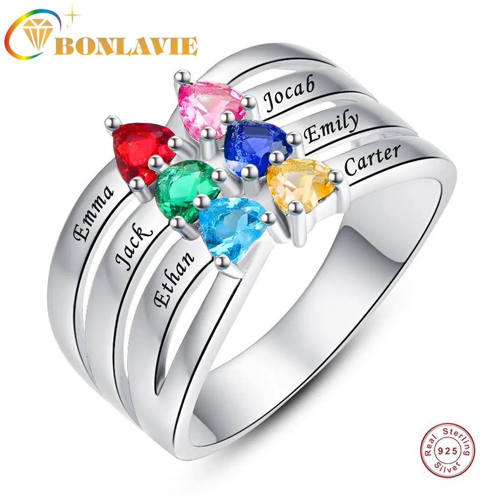 

BONLAVIE 100% 925 Silver Ring Customized Zircon Heart Gem 6 Birthstone 6 Names Text Women's Birthday Wedding Gift Jewelry