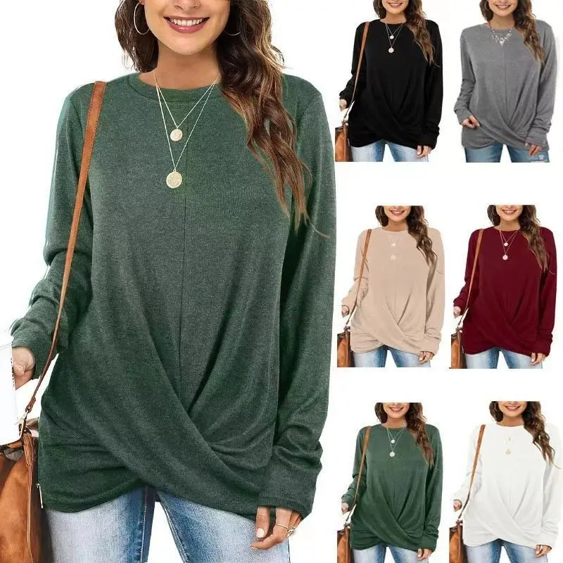 

Loose Long Sve round Ne T-irt Women's Autumn Cross Pure Color Cotton Asymmetrical Commute Sle Women's T-irt