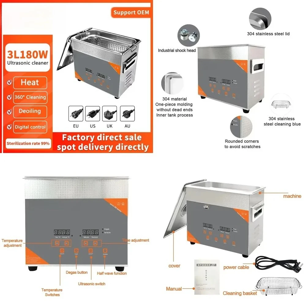 3L 180W Ultrasonic Cleaner With Heater Timer Degas 40khz Wash Jewelry Ring Oil Rust Clinic