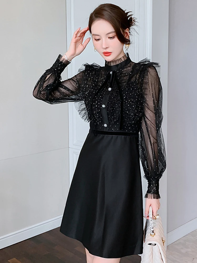 แฟชั่นElegantชุดผู้หญิงRetroหวานเซ็กซี่น่ารักSheerตาข่ายเดี่ยวBreastedชุดสั้นหญิงParty Streetวันที่Vestido