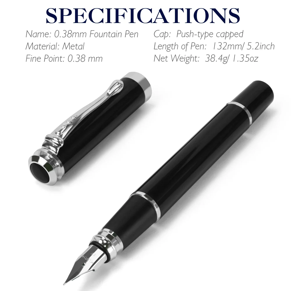 STONEGO 0.38mm Extra Fine Nib Fountain Pen, Black Metal Calligraphy Writing Gift Pen