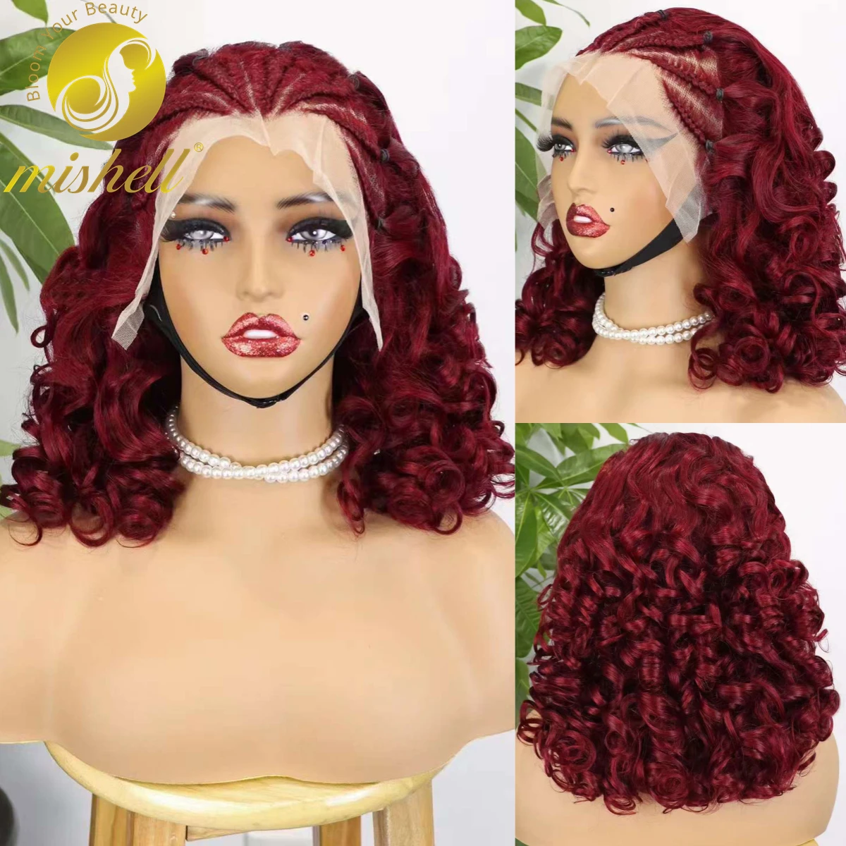 250% Density Remy Human Hair Wig with Braids Burgundy 13x4 Lace Frontal Cornrow Braided Wigs Loose Fumi Curly Bob Wigs for Women