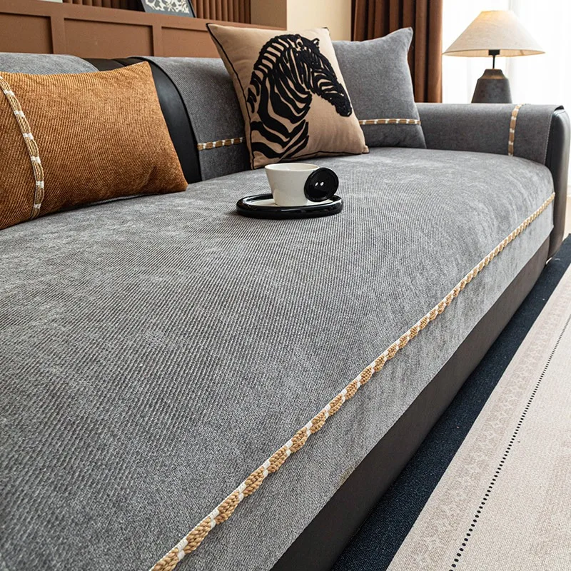 Vereinfachter Twill-Chenille-Sofabezug mit Naturband, Universeller Rutschfester, Haustierfreundlicher Couchbezug Sofatuch für Alle Jahreszeiten