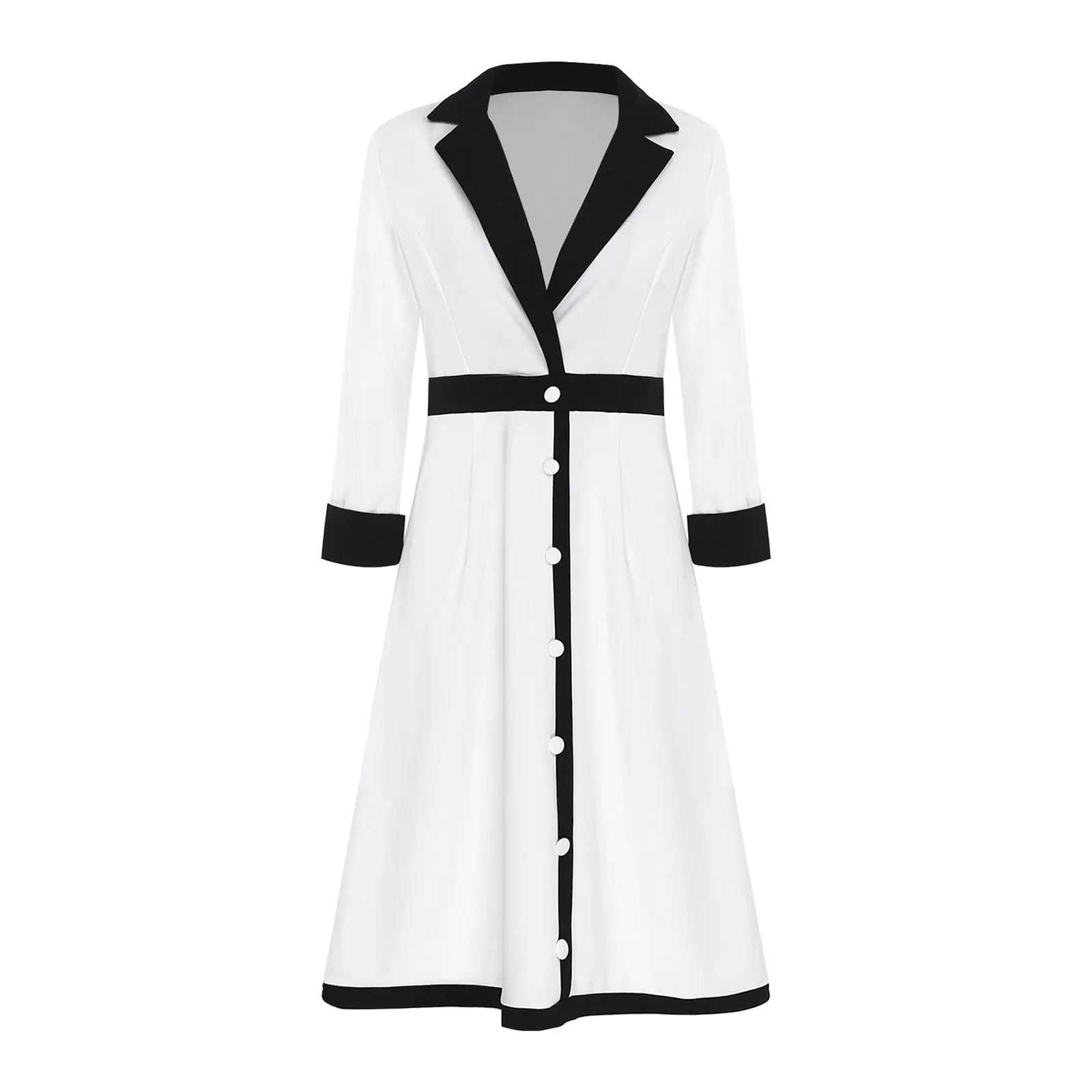 

Womens Elegant Color Blocking Dress Lapel V Neck 3/4 Sleeve Decorative High Waist A-line Dress for Office Lady Formal Occasions