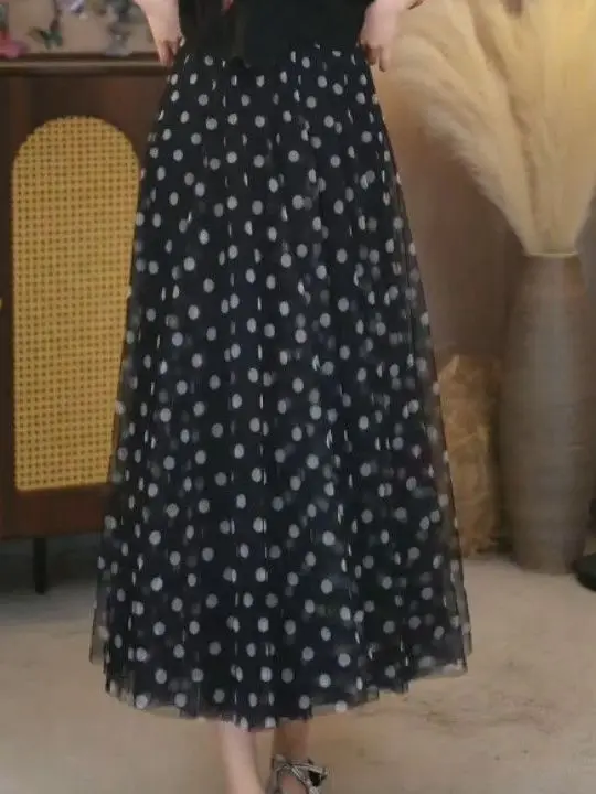 Spring Summer Polka Dot Two Sided Wear a Line Long Skirt Mesh Half Body Skirt Flower Skirt Slimming High Waist Print Rhinestone