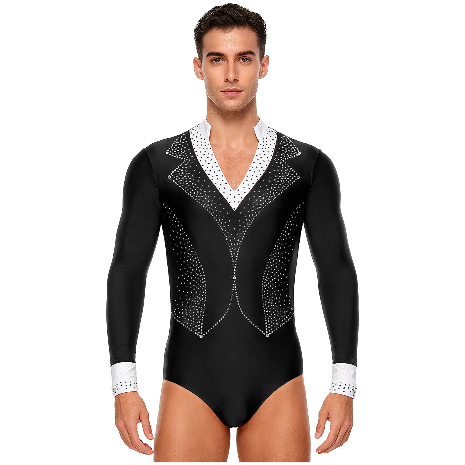 

Men's Rhinestones Waltz Ballroom Dance Bodysuit Long Sleeve High Cut Leotard for Latin Ballet Party Dance Performance Jumpsuits
