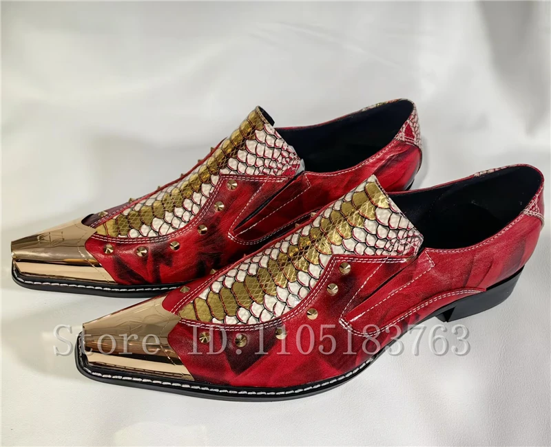 Baroque Style Red Snake Print Men's Loafers Gold Metal Pointed Toe Rivet Genuine Leather Slip-On Formal Party Wedding Shoes view 3