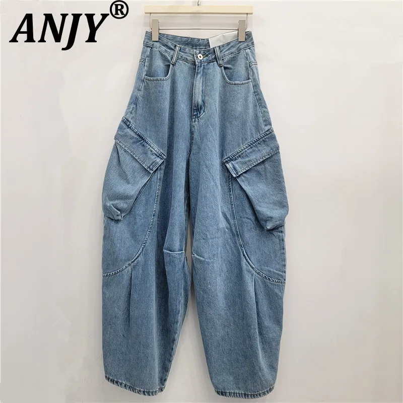 ANJY Otoño Invierno nuevas mujeres moda americana lavado multibolsillo Cargo Jeans moda suelta Chic marea pantalones vaqueros de pierna ancha A16380