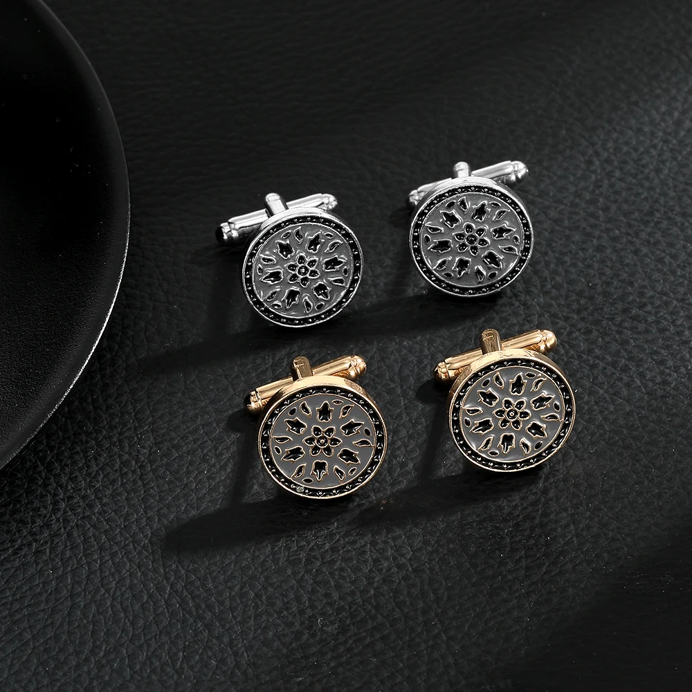 Gemelos divertidos para hombre, chapados en oro y plata, con diseño floral vintage, redondos, clásicos, calados, botones de puño para camisa francesa