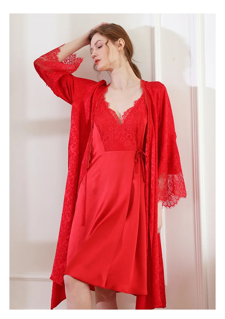 Quality Lace Pure Silk Robe Set and Sexy Night Gown 2pcs Luxury Satin Sleep Robe Nightgown Sleepwear Nature Silk Robes For Women