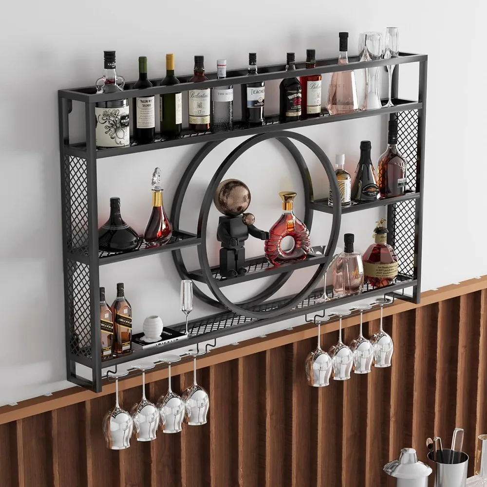 Wine Rack Wall Mounted 3 Tier Metal, Floating Shelves For Kitchen With LED Light, Hanging Floating Bar Liquor Bottles Bar Wall