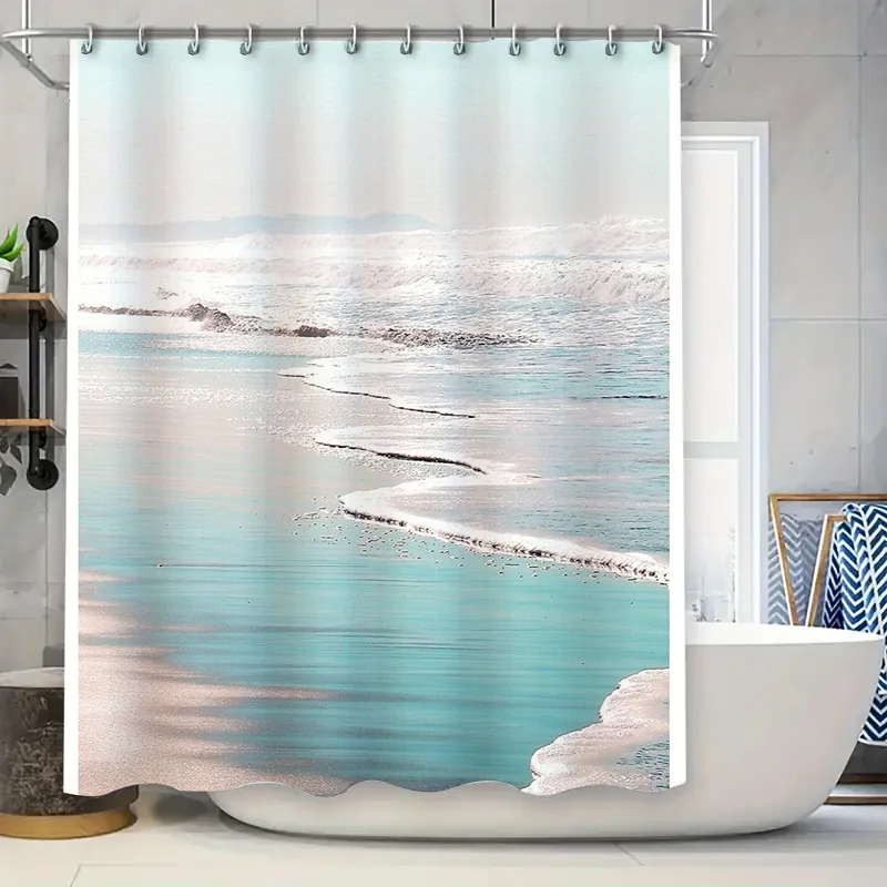 

Coastal Ocean Wave Shower Curtain Waterproof Beach Themed Bathroom Decor Sea Landscape Print Backdrop Artistic Blue Green Home