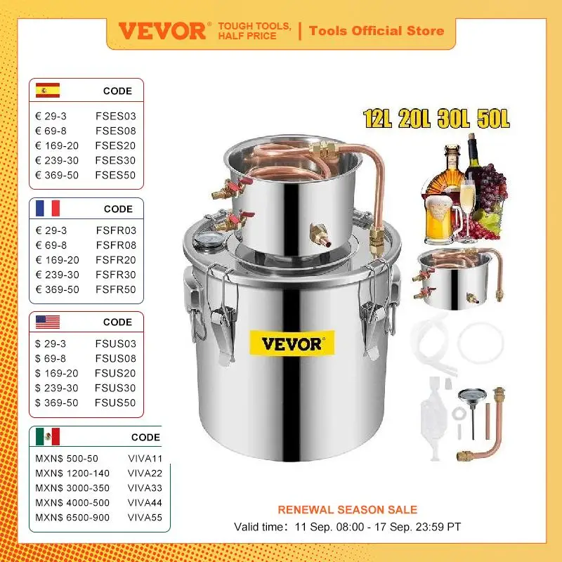 VEVOR 3 5 8 Gal Alcohol Distiller Machine Moonshine Apparatus Beer Brewing Equipment DIY Wine Dispenser Kit for Home Appliance