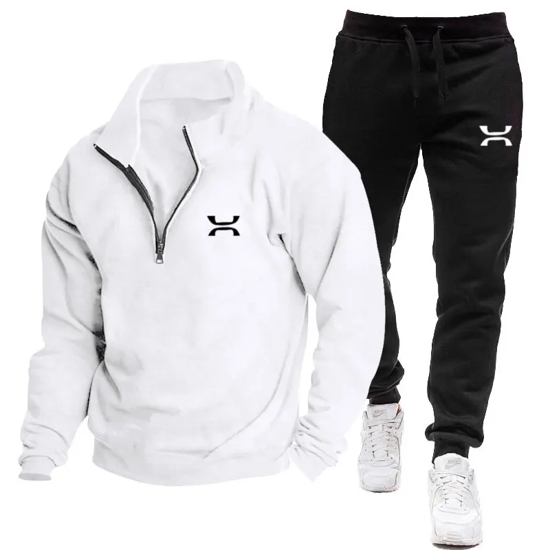 2024 Men's Tracksuit Autumn winter new Men's Clothing Fleece Lining Stand Collar Hoodie + Sweatpants 2 Set Of Casual Sportswear