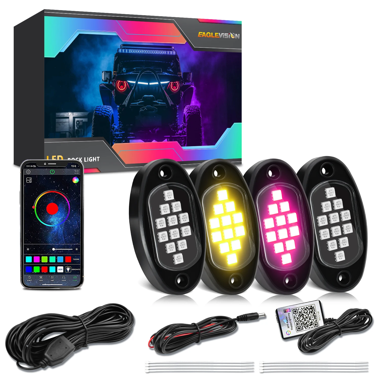 

Светодиодные рок-фонари RGB, многофункциональный неоновый водонепроницаемый светильник с управлением через приложение, многоцветные фонари для ATV UTV SUV-A06U