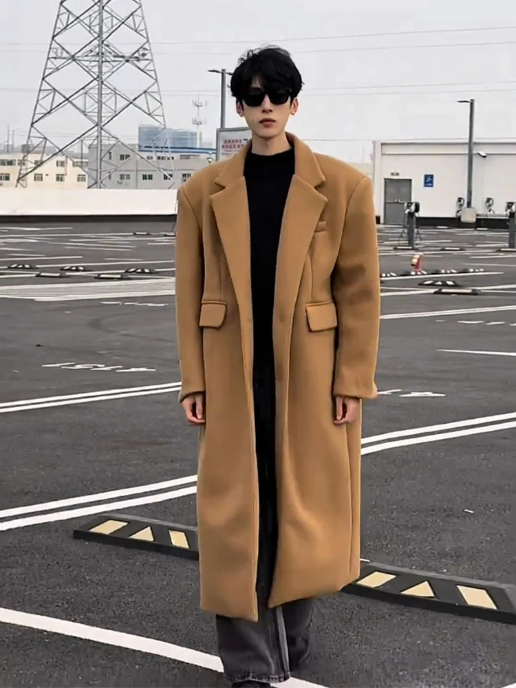 

Khaki Woolen Men's Coat Medium Length Autumn Winter Flat Collar Windbreaker Korean Sle Knitwear Outerwear Casual Long Coat