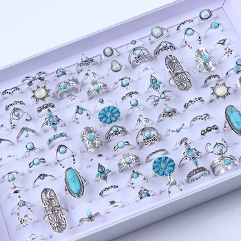20/30 개/몫 빈티지 Boho 유리 청록색 반지 패션 여성 휴가 스타일 일일 축제 보석 파티 장식 선물