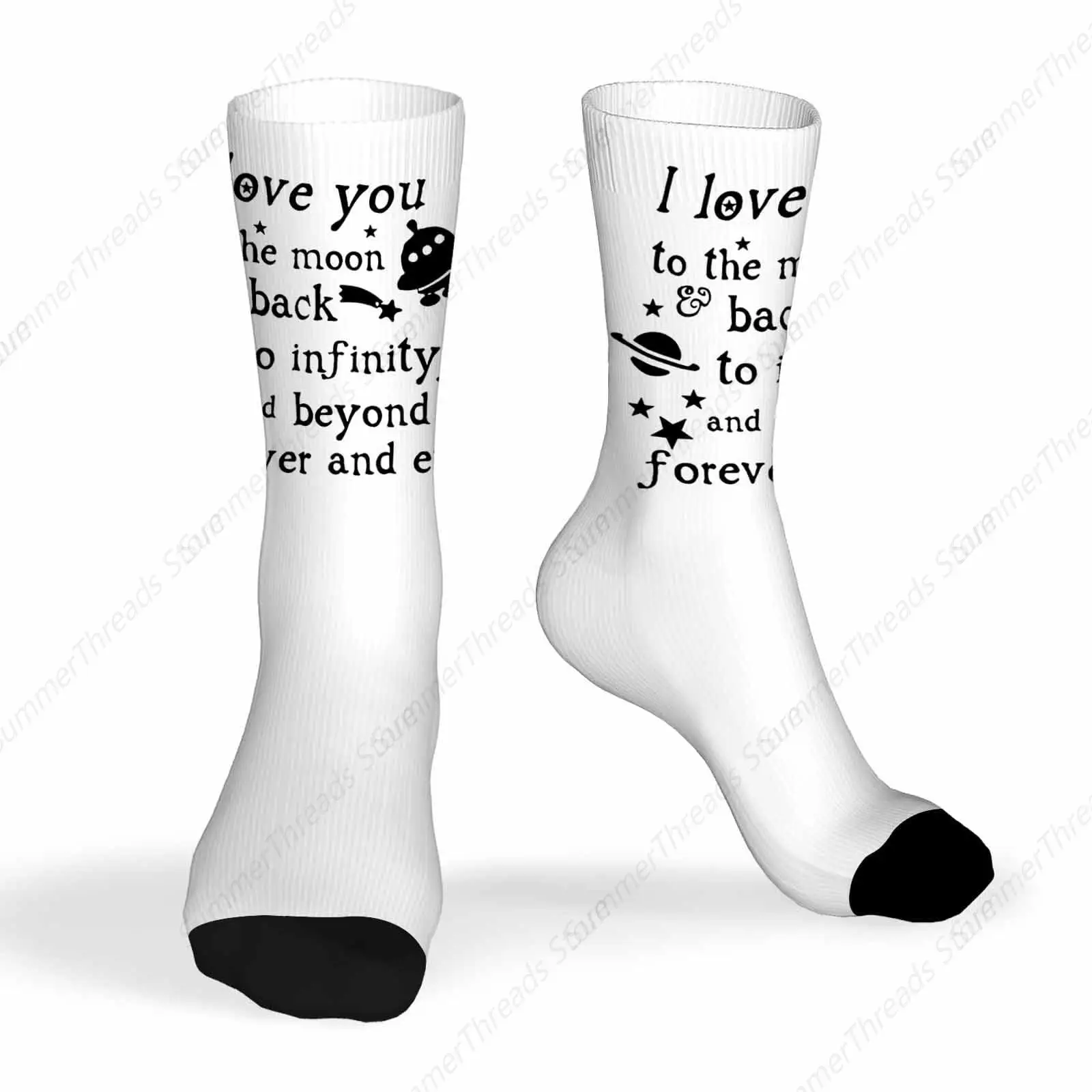 Calcetines Te amo hasta la luna, calcetines deportivos con citas, letras dibujadas a mano, diseño de Doddle, planeta espacial, estrellas para hombres y mujeres, 16'