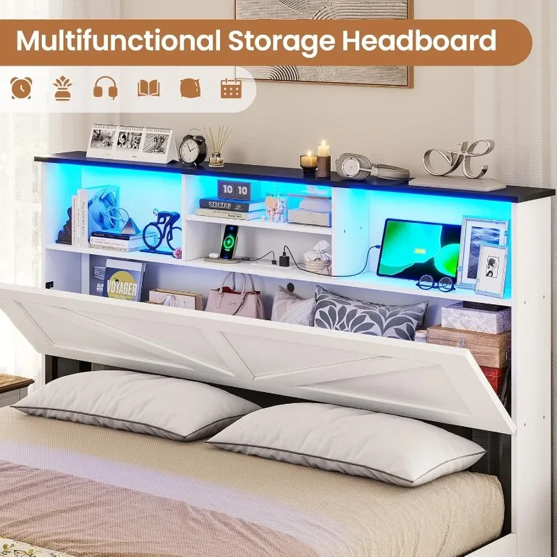 إطار سرير المزرعة بحجم كوين مع لوح رأسي لتخزين خزانة الكتب ومحطة شحن وأضواء LED وإطار سرير كوين خشبي مع 4 #3