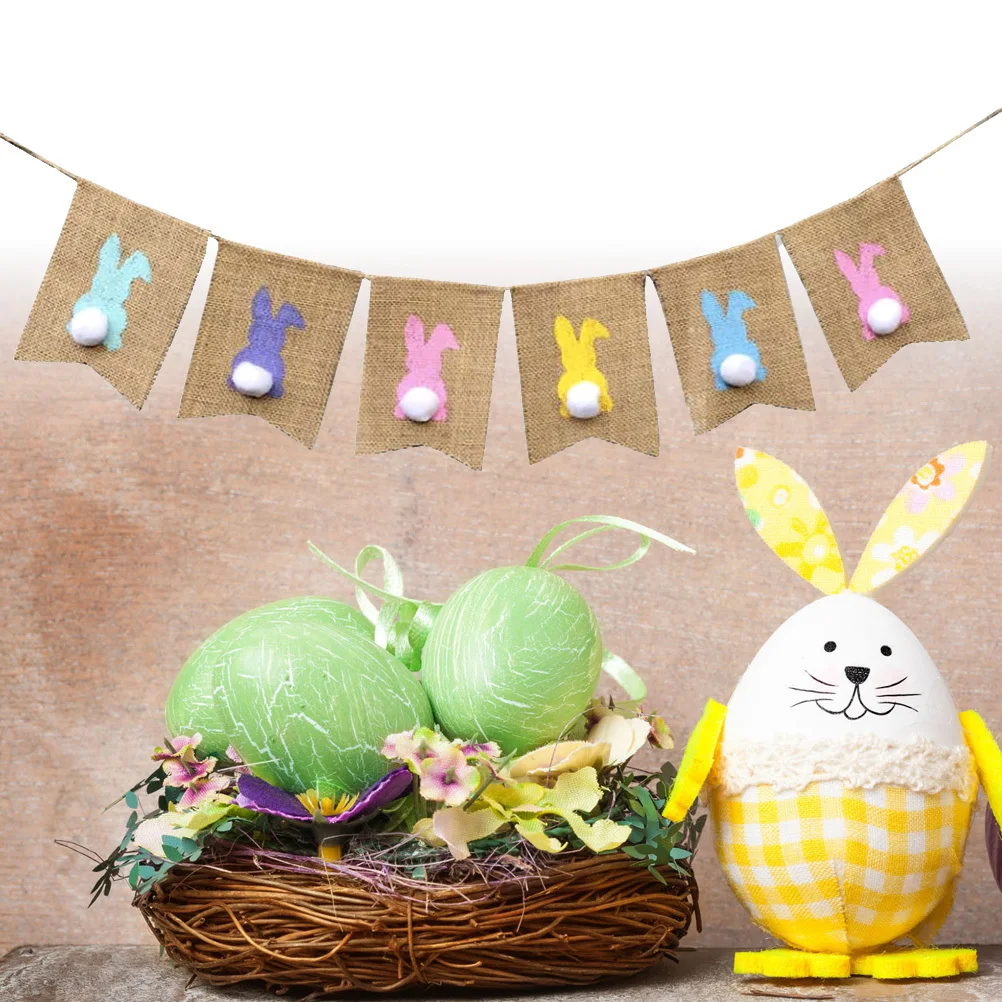 

2 Meters Burlap Rabbit Banners Easter Decorations Vintage Linen Garland Party Home Window Door Tree Branches Props (Type B)