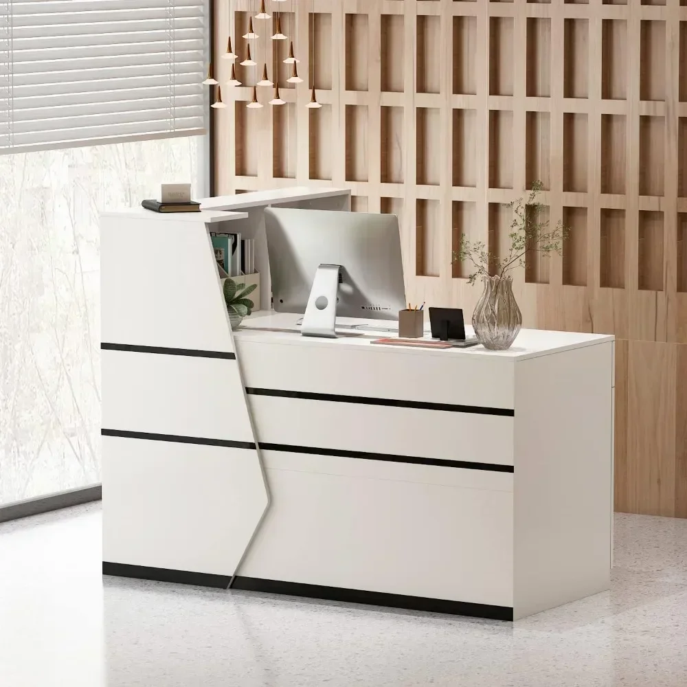 Reception Desk with Hutch, Reception Counter Table with Lockable Drawers & Shelves for Salon, Recetion Room, Checkout, Office