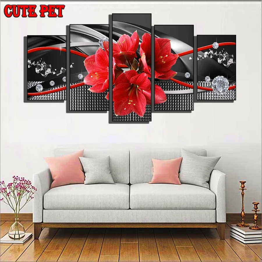 

Diy Full Square Diamond Painting Modern red flowers Rhinestones Handicraft diamond mosaic Home Decor the Diamond Embroidery 5PCS