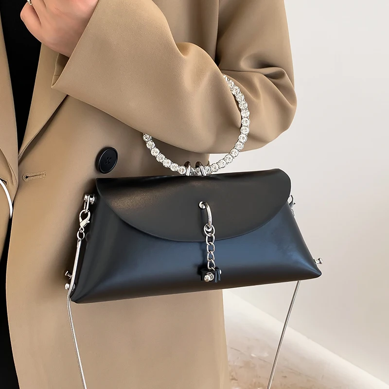 New Fashion Metal Ring Inlaid Diamond Handle Women's Bag Simple And Casual Multi Functional Single Shoulder Crossbody Bag Trend