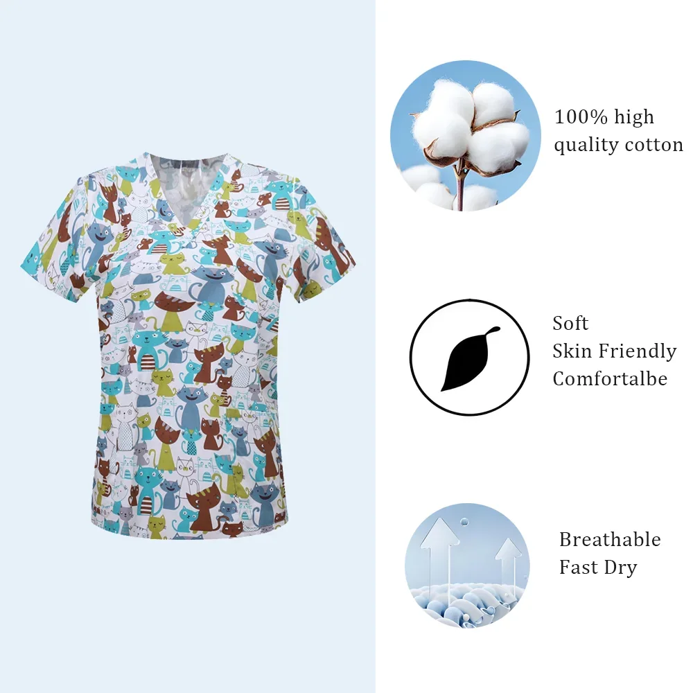 عيادة الحيوانات الأليفة مستشفى التمريض الدعك الحيوانات الكرتون طباعة القمم القطن النساء طب الأسنان الطبيب بلوزة الزي الجراحي قمصان رجل