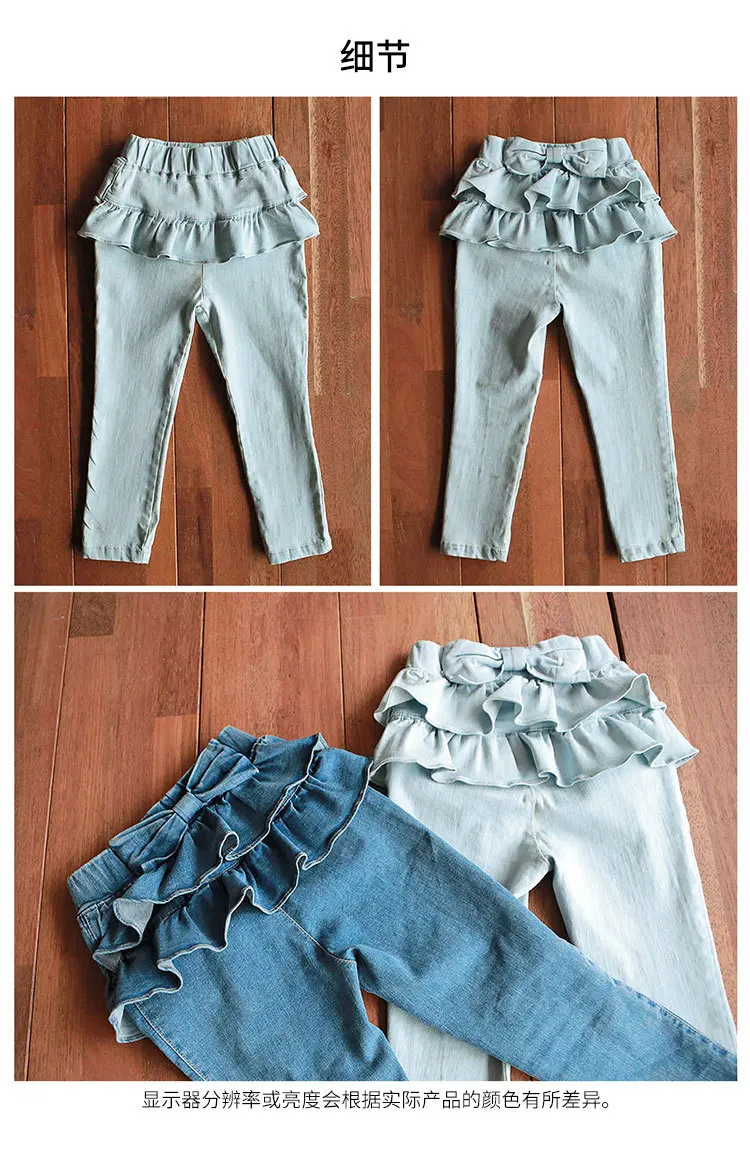 Spring 2024 Korean Kids Girls Clothes Ruffles Long Sleeve Tees and Girls Ruffles Bow Jeans Outfit Set