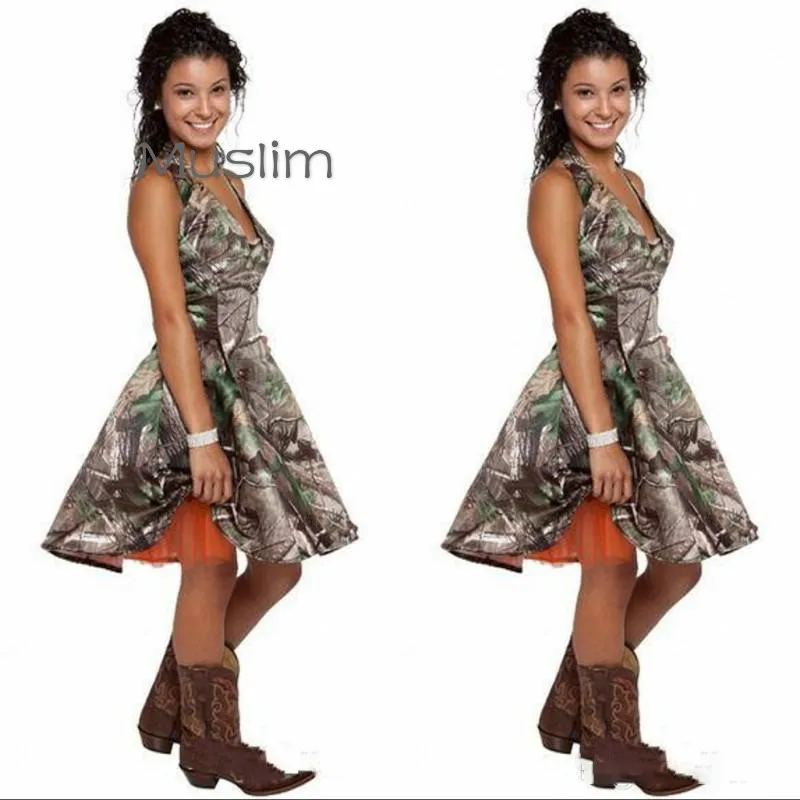 

Sexy Halter Camo Cocktail Party Dresses A Line Short Prom Dress V Neck Short Homecoming Party Robe De Cocktail Customized