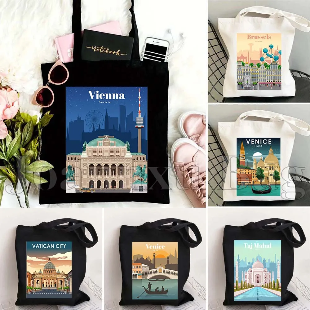 Сингапур София Стокгольм Сидней Тадж Махал Венеция Вена Брюссель Варшава Герван Город Холст Большая Сумка Хлопковая Сумка-шоппер