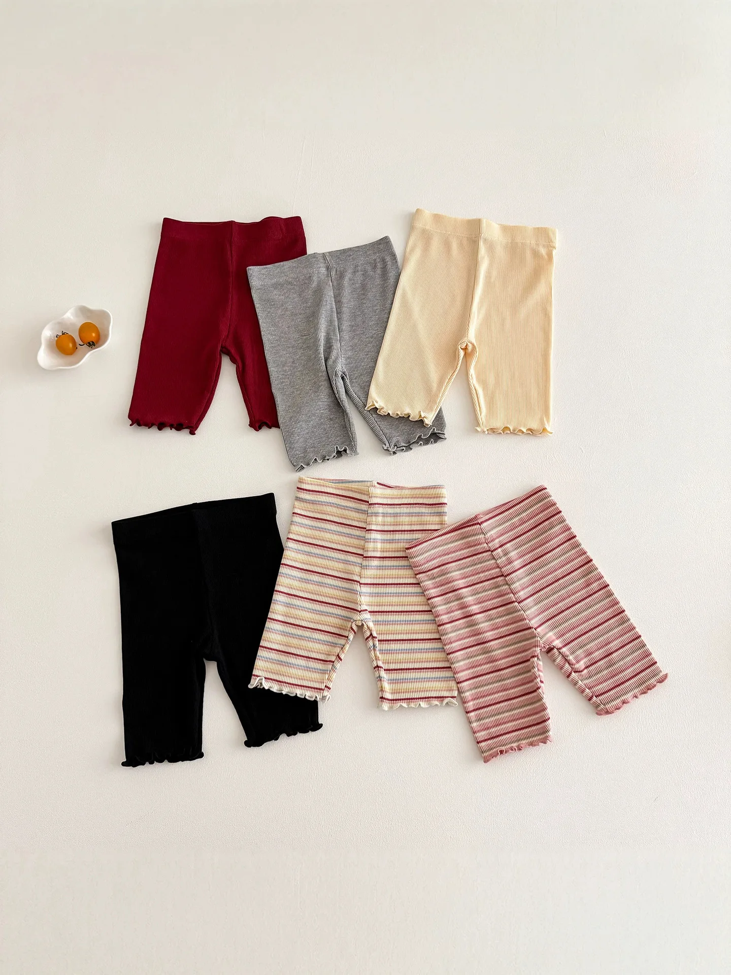 2-6Y Kids Girls Ribbed Biker Shorts Ruffle Hem Solid Leggings Stretch Striped Pants Summer Children Under Skirt Shorts