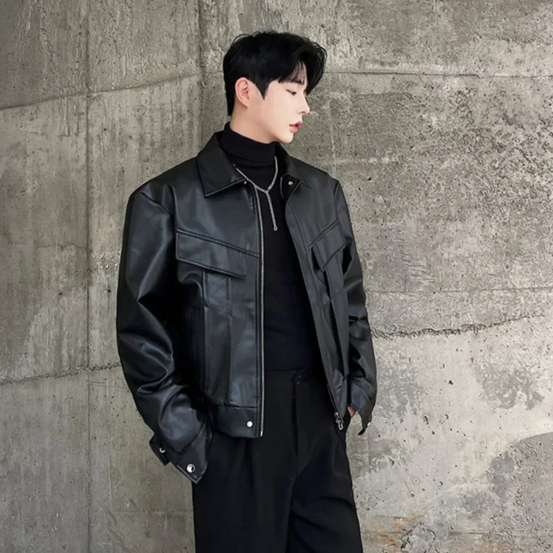 Trendy Male Short Coat Fashionable Korean Style Niche Design 3D Cutting Design Casual PU Leather Jacket Autumn