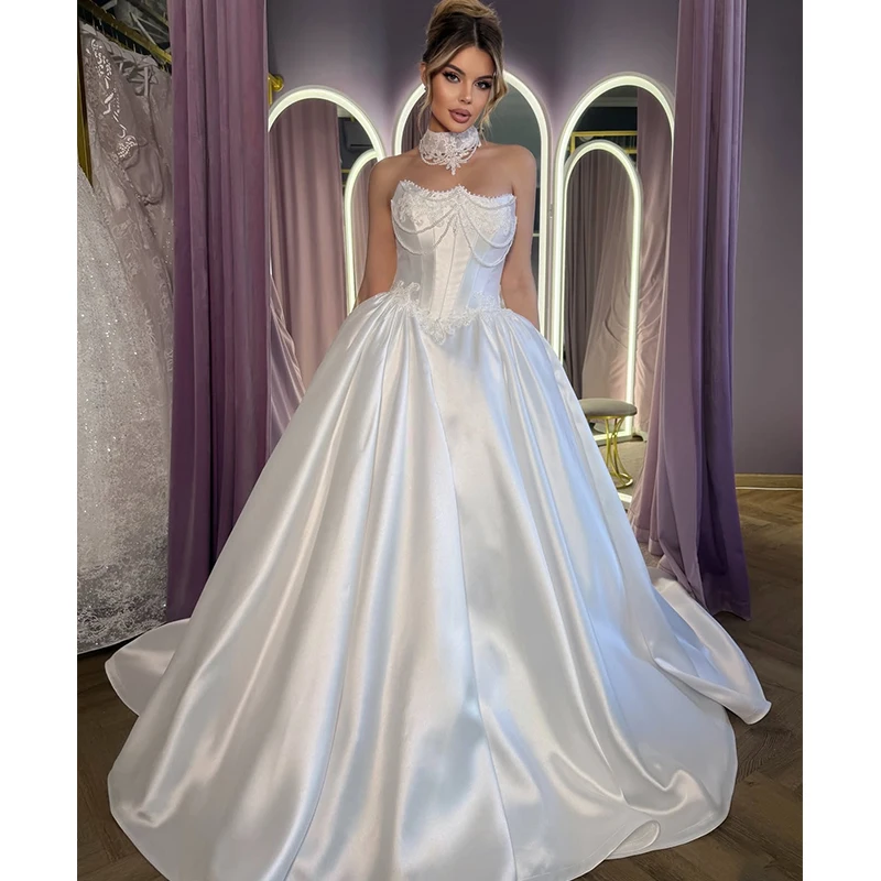 

Elegant Wedding Dress Satin With Pearls A-Line Ball Gown Sleeveless Strapless Customized Bride Dress Button Vestido De Novia
