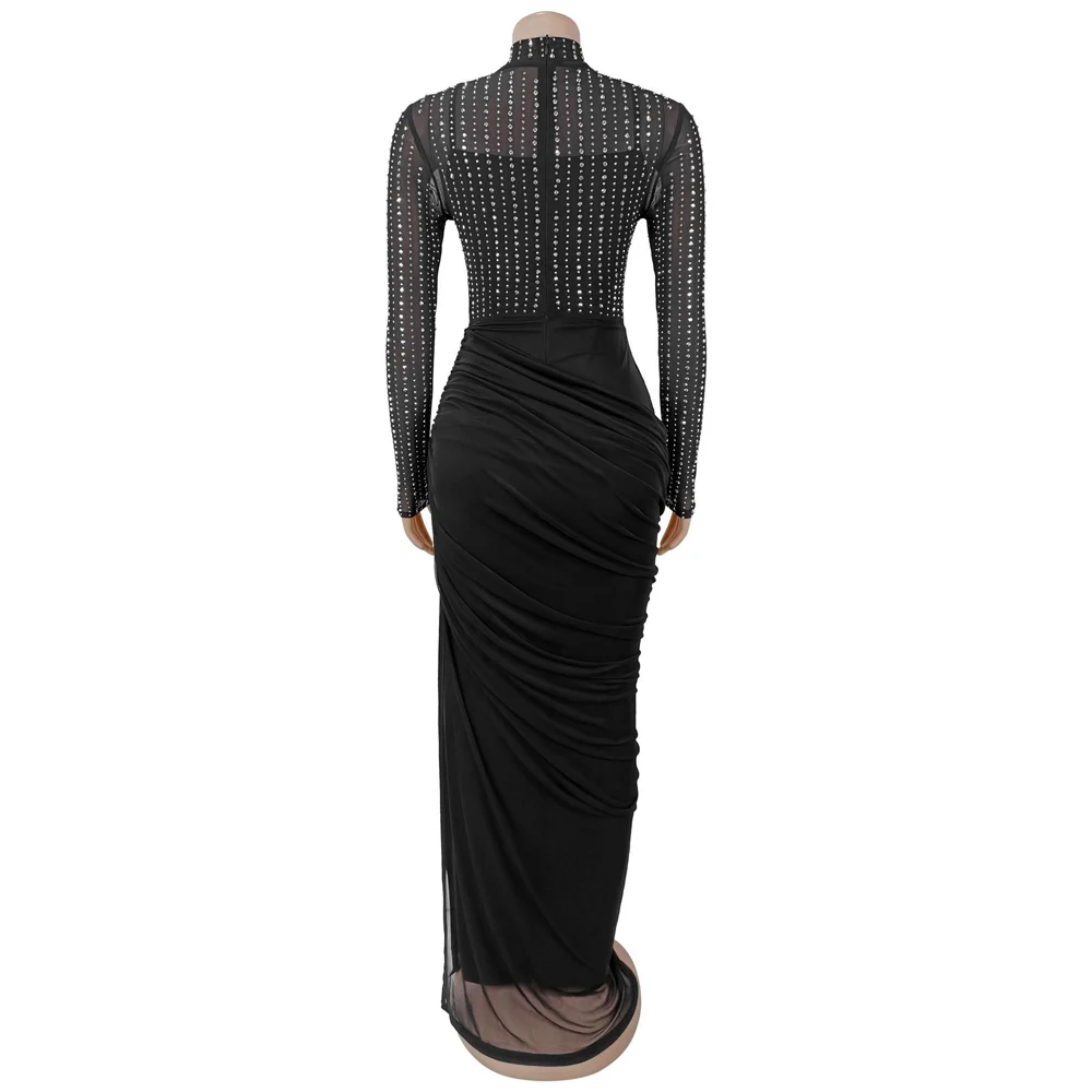 JENYAGE Damen Strass-Netz 2-teiliges Maxi-Abendkleid-Set, Stehkragen, lange Ärmel, bodenlang, gerafft, figurbetont, formelles Partykleid – Detail 5