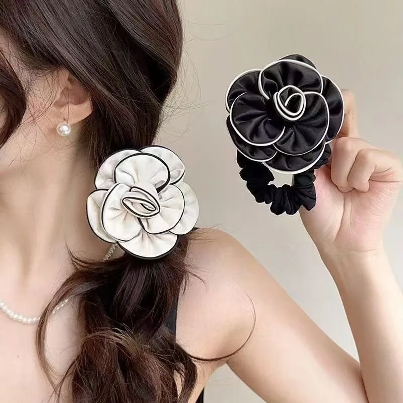 

Fashion Camellia Flower Headband Hair Accessories for Women Retro Elegant Fabric Ponytail High Stretch Hair Ties Girl's Headwear