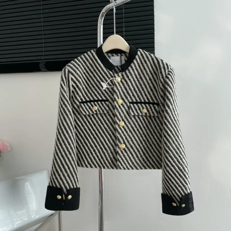 Autumn Winter 2024 New Vintage Stripy Jackets Women Simple Stand Collar Long Sleeve Loose Casual Short Coat French Chic Tops