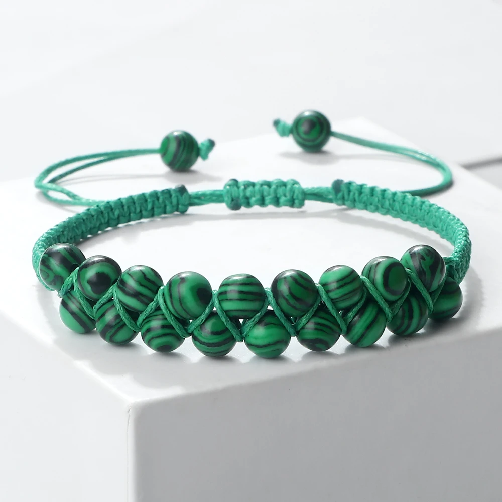 6mm Natural Stone Bracelet Lucky Rope Braided Black Lava Malachite Onyx Beads String Bracelets & Bangles Charm Wrap Yoga Jewelry