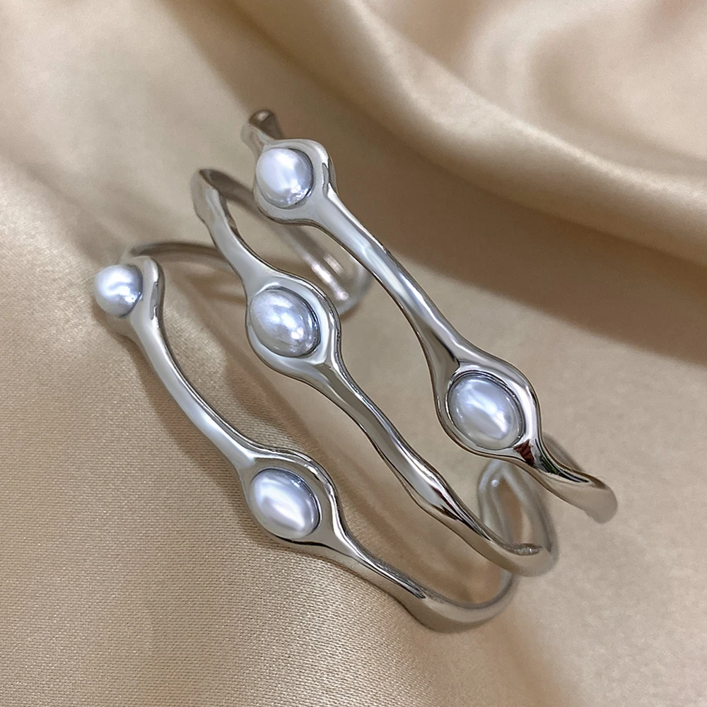 Vintage Layered Gold Plated Pearl Stainless Steel Bangles Bracelet for Women Men Bohemia Wide Open Cuff Wrist Party Jewelry Gift