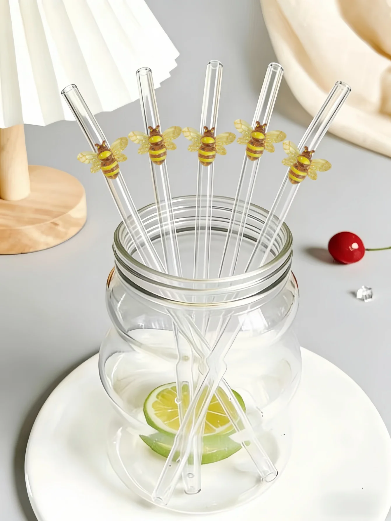 1/2/6PCS Cute Bee Shaped Reusable Glass Straw, Bendable Tran