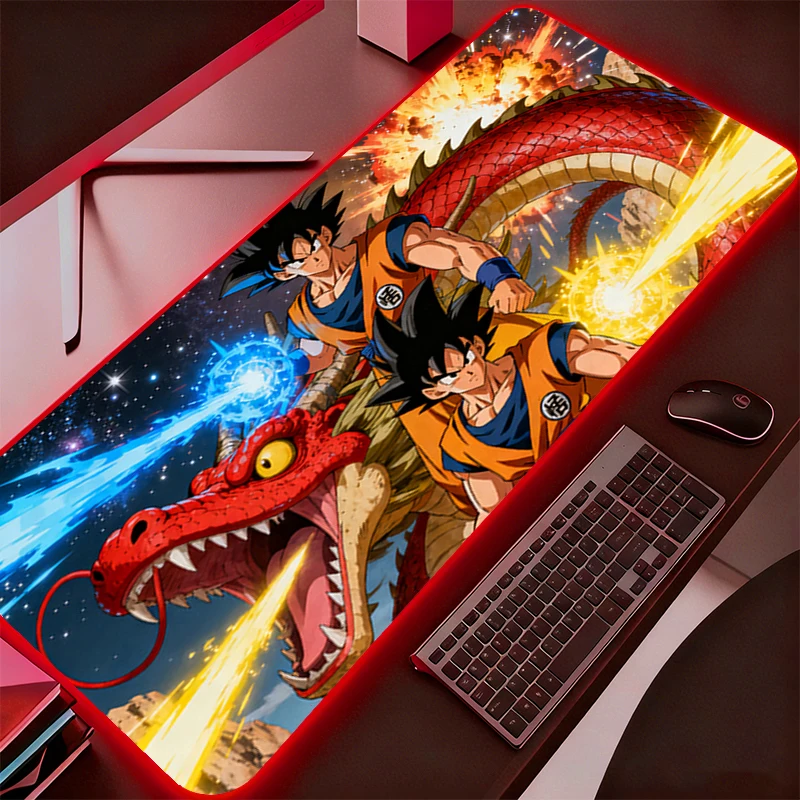 แผ่นรองเมาส์ขนาดใหญ่ LED สำหรับสำนักงาน คอมพิวเตอร์ โต๊ะทำงาน RGB พรมรองคีย์บอร์ดลายดราก้อนบอล DBZ อุปกรณ์เสริมสำหรับเล่นเกม แผ่นรองเมาส์มีไฟแบ็คไลท์